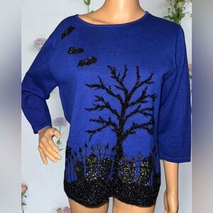 Blue Halloween Sweater with Black Tree Design